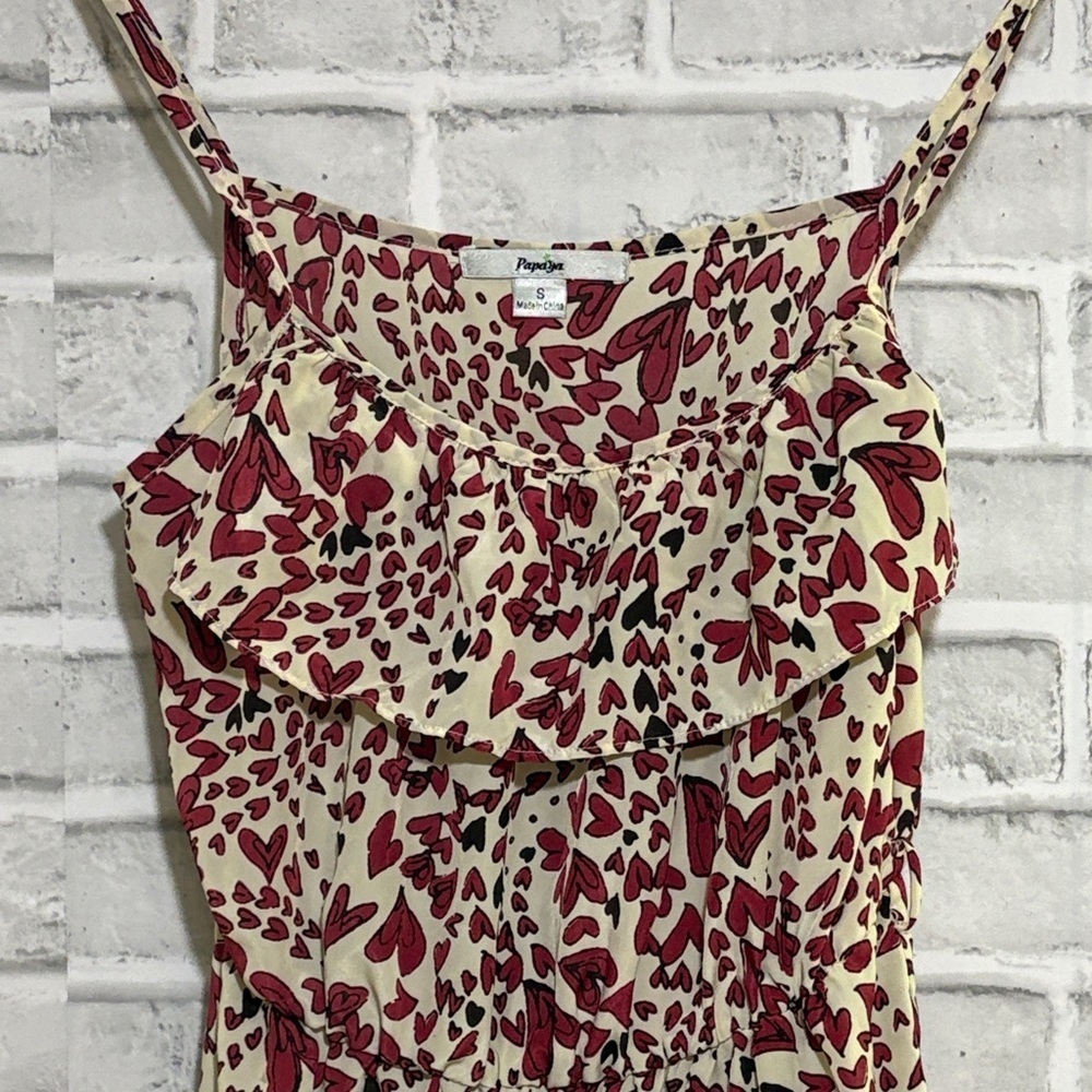Papaya Red and Cream High Low Dress, cream, white, black hearts, ruffle size S - Picture 5 of 11